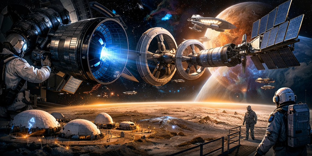 A high-tech control center with massive screens displaying deep space nebulae, celestial bodies, and orbital paths, glowing with holographic data.